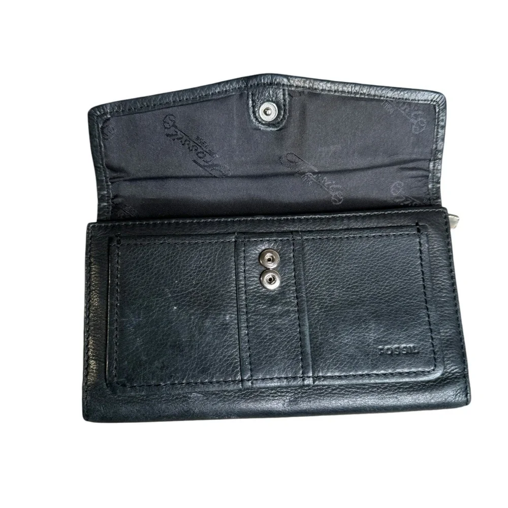 Fossil Black Leather Trifold  Wallet Checkbook Holder Snaps & Zips Ladies VTG